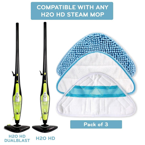 HD Steam Mop Floor Pad 3 Pack Replacement Set with mop models, microfiber everyday and coral cloth pads displayed