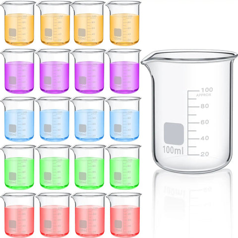 20 Pack 100 mL Glass Beaker Set Heavy Duty Lab Beakers With Printed Graduation For Lab Classrooms Or Home Use High Borosilicate Glass