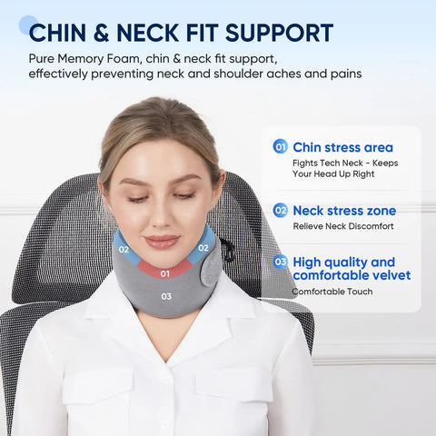 Woman wearing Ultra Compact Chin Support Travel Pillow For Petite Travelers, Portable Memory Foam Neck Pillow with Velvet Cover
