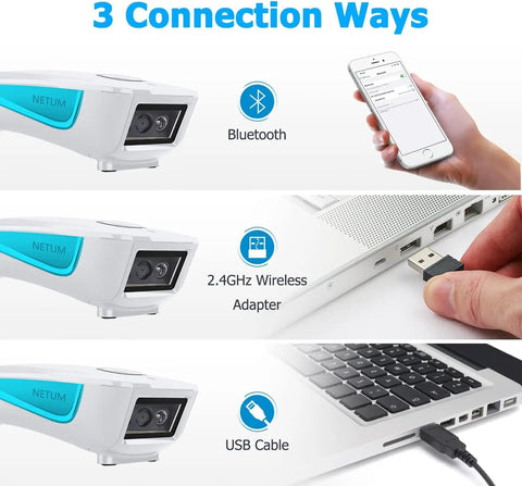 Three connection options for Pocket Sized Wireless Barcode Scanner Bluetooth 1D 2D Reader For POS: Bluetooth, 2.4GHz adapter, USB cable