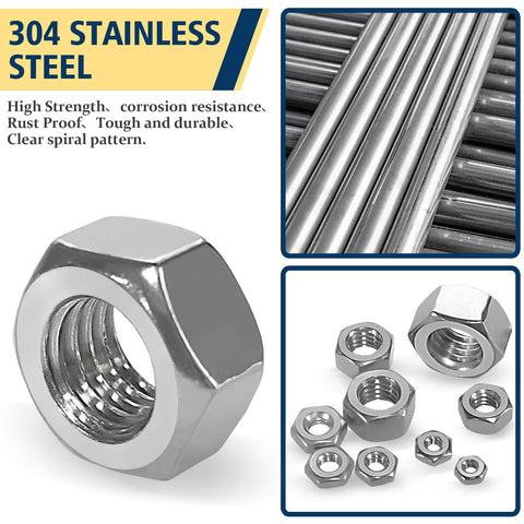 Close-up view of 304 stainless steel SAE Hex Nuts Assortment Kit 150 Piece Stainless Steel 304 Hardware Nuts Set With Ten Sizes
