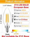 LED Filament E14 Candle Light Bulb 2700K Warm White, 400 Lumens, size details, not suitable for E12 base