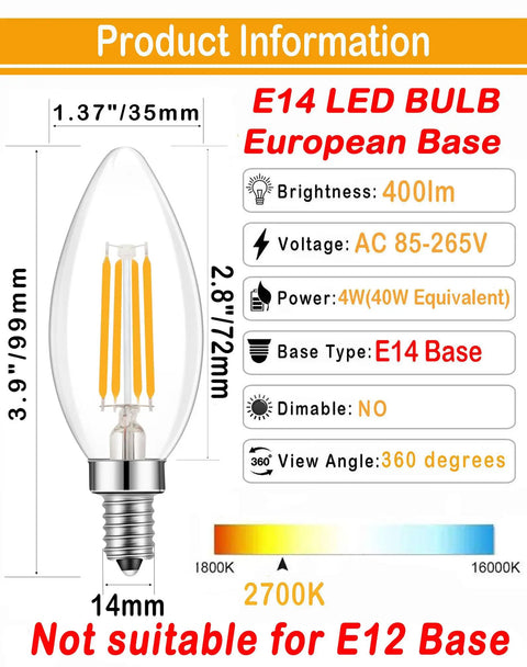 LED Filament E14 Candle Light Bulb 2700K Warm White, 400 Lumens, size details, not suitable for E12 base