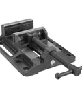 Heavy Duty Drill Press Vise Six Point Three Inch Opening Rock Solid With 3000 Lb Clamping Force, portable with slotted base and V-grooved jaws.