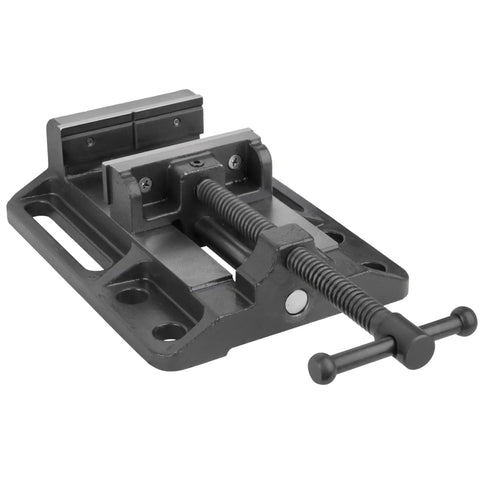 Heavy Duty Drill Press Vise Six Point Three Inch Opening Rock Solid With 3000 Lb Clamping Force, portable with slotted base and V-grooved jaws.