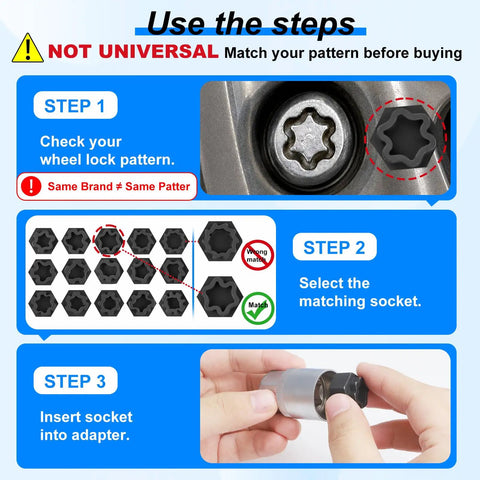 Instructions for using 22 Piece Wheel Lock Removal Kit For VW Group Patterns 521 Through 540 Anti Theft Lug Nut Key Set