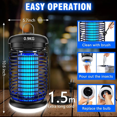 Indoor Outdoor Bug Zapper 2 In 1 With LED Light Waterproof Mosquito Killer For Patio Garden Backyard And Home Plug In Insect Zapper Keeps Bugs At Bay For Nighttime Parties And Outdoor Hangouts, showing dimensions and features.
