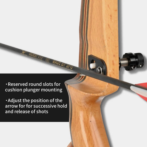 Close-up of a recurve bow with Magnetic Recurve Bow Arrow Rest Set Four Piece Metal Arrow Rest With Adhesive Backing visible.