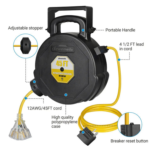 45Ft Retractable Extension Cord Reel With Auto Retract And Lighted Triple Outlets, Wall Or Ceiling Mountable For Garage Workshop, Power Cord Management, 12 Gauge 3 Conductor SJT, ETL Listed