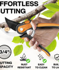 Effortless Garden Pruning Shears With Ultra Sharp Blades And Adjustable Comfort Handles cutting a branch, corrosion resistant.