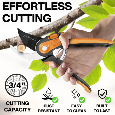 Effortless Garden Pruning Shears With Ultra Sharp Blades And Adjustable Comfort Handles cutting a branch, corrosion resistant.