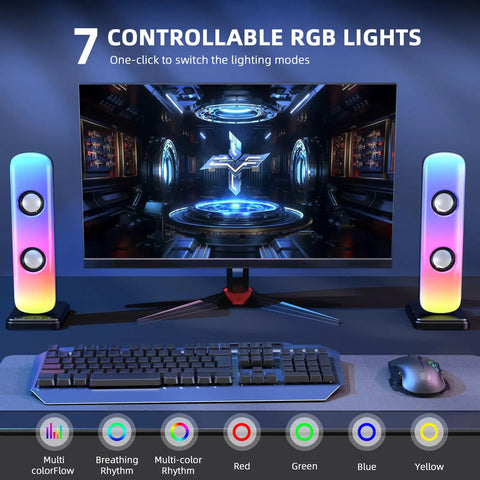Desktop Computer Speaker Set With 20W HiFi Stereo Sound For Gaming Built In Bluetooth And 3.5mm Aux In RGB Lights