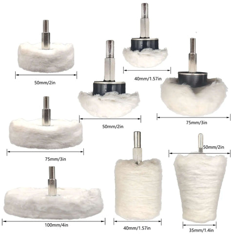 Pro Grade Drill Buffing Wheel Kit With 19 Piece Polishing Set Including 6 Polishing Compounds, 5 Felt Polishing Wheels, And 2 Inch 3 Inch 4 Inch Pads In Mushroom Conical Cylindrical Shapes For Aluminum Stainless Steel Chrome Glass Metal Car Detailing.