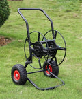 Heavy Duty Garden Hose Reel Cart Featuring Smooth Rolling Dual Inflatable Wheels Rust Proof Steel Frame, portable hose trolley on grass.