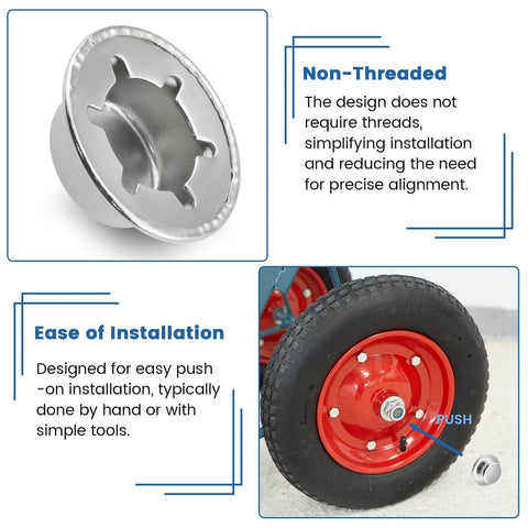 Heavy Duty Push Nut Cap Set For Five Eighths Inch Axles, Built Tough With Spring Steel Permanent Washer Caps, installed on wheel