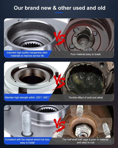 Comparison of new and old wheel hub bearing assemblies for Infiniti AWD models, highlighting material quality and temperature resistance differences.