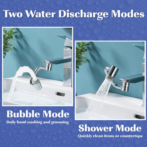 1080 Degree Swivel Faucet Extender With Robotic Arm Aerator in bubble and shower modes showing water flow features
