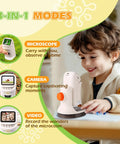 Kid-Friendly Handheld Digital Microscope With 1000X Zoom And 2.1 Inch HD LCD Screen, Six LED Lights, Ergonomic Angled Design For Eye And Neck Comfort, A Fun, Engaging Tool For STEM Learning, Exploration, And Hands-On Discovery, shown with child