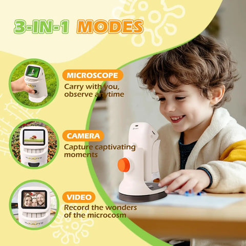 Kid-Friendly Handheld Digital Microscope With 1000X Zoom And 2.1 Inch HD LCD Screen, Six LED Lights, Ergonomic Angled Design For Eye And Neck Comfort, A Fun, Engaging Tool For STEM Learning, Exploration, And Hands-On Discovery, shown with child