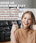 Woman smiling with thumbs up in front of black leather sofa, promoting DIY Leather Repair Kit For Car Interiors And Furniture.