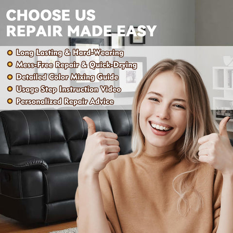 Woman smiling with thumbs up in front of black leather sofa, promoting DIY Leather Repair Kit For Car Interiors And Furniture.