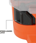 Close-up of Modbox Tall Compartment Box with 10 Compartments and 4 Removable Bins showing spring-loaded latch detail.