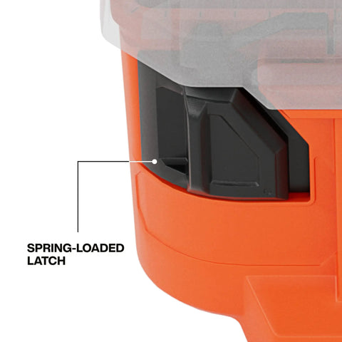 Close-up of Modbox Tall Compartment Box with 10 Compartments and 4 Removable Bins showing spring-loaded latch detail.