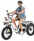 Electric Tricycle For Adults With 749W Motor And 48V Battery, fat tire 3-wheel trike with rider and dog in front basket