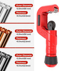 4 Piece Tubing Cutter Set Built Tough Pipe Cutter For 1/4 To 2 Inch Pipes Includes Mini Tube Cutter 1/8 To 7/8 Inch With Deburring Tool For Copper Aluminum Stainless Steel And PVC, red cutter with pipe size guide
