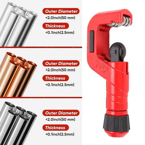 4 Piece Tubing Cutter Set Built Tough Pipe Cutter For 1/4 To 2 Inch Pipes Includes Mini Tube Cutter 1/8 To 7/8 Inch With Deburring Tool For Copper Aluminum Stainless Steel And PVC, red cutter with pipe size guide