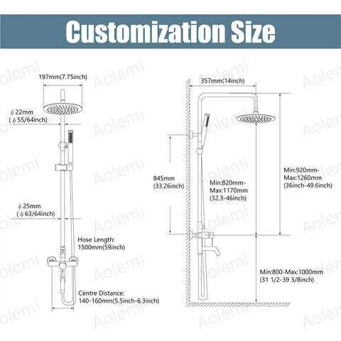 Dimensions diagram of Outdoor Shower Faucet With 8 Inch Rainfall Shower Head Stainless Steel SUS304 All Metal Set Hand Spray 3 Function Combo Brushed Nickel Finish Built Tough For Durable Outdoor Showers