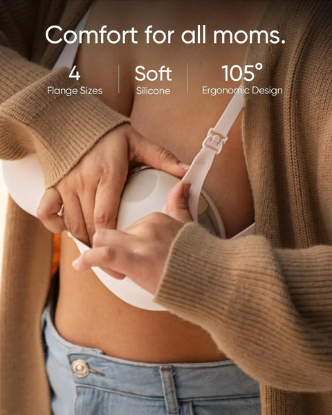 Heated Wearable Breast Pump S1 With HeatFlow Technology, Hands Free And Ultra Portable, Boosts Output By 30 Percent, Spa Like Warmth, Quiet, Mom Friendly, Discreet, Easy To Use, Perfect For On The Go Pumping. White silicone breast pump worn under a bra