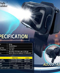 Rechargeable Headlamp For G2C Type II And G2E Hard Hats with light beam and specifications displayed