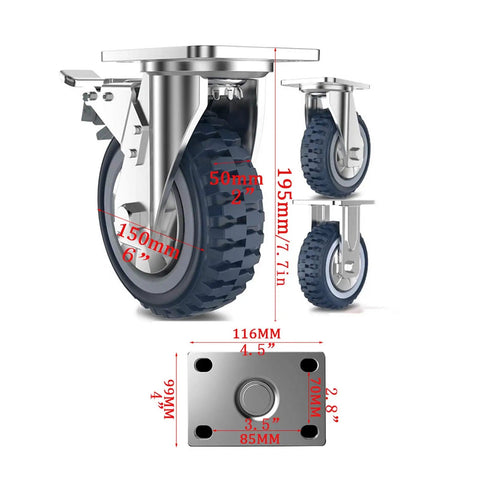 Heavy Duty Polyurethane Caster Wheels Set of 4 for Furniture or Tool Cart with Secure Brakes, 6in height, 2in width.