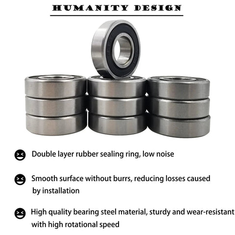Front view of 10-pack R8-2RS ball bearings, 1/2 in bore, double rubber seals, steel