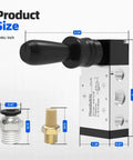 Pneumatic Solenoid Valve With Hand Pull Manual Control 5 Way 2 Position Air Valve for reciprocating cylinders, size dimensions shown.