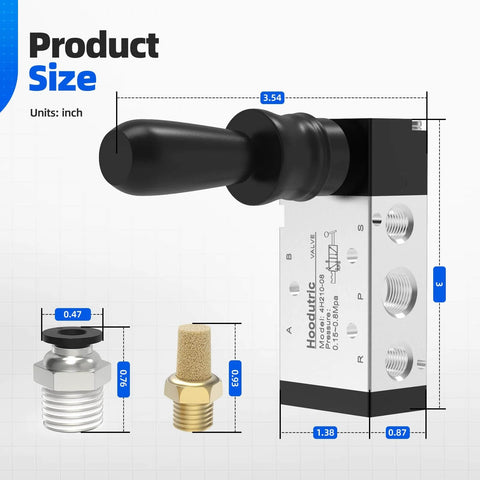 Pneumatic Solenoid Valve With Hand Pull Manual Control 5 Way 2 Position Air Valve for reciprocating cylinders, size dimensions shown.
