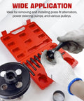 12 Piece Pulley Puller And Installer Kit For Power Steering Pulleys Alternators AC Pulleys Water Pumps And Vacuum Pumps With Pro Grade Carbon Steel Construction And Handy Storage Case For Your Auto Shop with red storage case and tools visible.