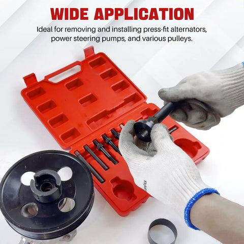 12 Piece Pulley Puller And Installer Kit For Power Steering Pulleys Alternators AC Pulleys Water Pumps And Vacuum Pumps With Pro Grade Carbon Steel Construction And Handy Storage Case For Your Auto Shop with red storage case and tools visible.