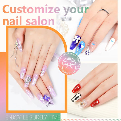 24 Color Solid Gel Nail Polish Kit With Detachable Pro Brush For Ombre Nails No Spill Hema Free Formula Perfect For Christmas NYE Party Manis DIY Gift Set Clump Free Shimmer displaying purple, red and blue ombre nail designs with accessories.