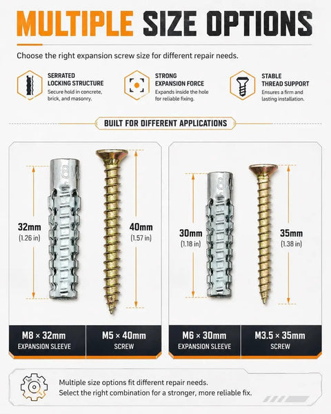 Heavy Duty Stainless Steel Four-Sided Serrated Wall Anchors M6 Set 50 Pieces For Thick Walls Expansion Screws With Reliable Grip And Anti Loosening Fit Ideal For Medium-Duty Mounts And Light Commercial Use, M6 30mm and M8 32mm sizes