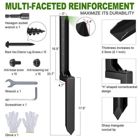 Heavy Duty Fence Post Repair Kit With Reinforced Steel Anchors To Square Up Lean Wooden Posts And Sturdy 4 Pack Yard Fixing Set For Rock Solid Outdoor Fencing Support parts and dimensions labeled.