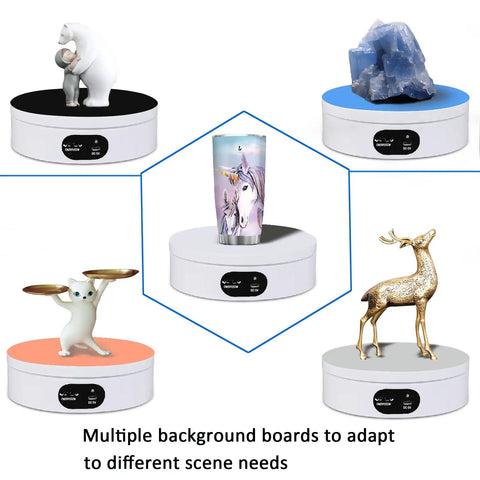 360 Degree Automatic Rotating Display Stand With Mute Electric Motor For Product Photography Video And Glitter Tumbler Making Supplies Spinner Base Perfect For Jewelry Watches And Small Crafts 16Cm with items displayed.