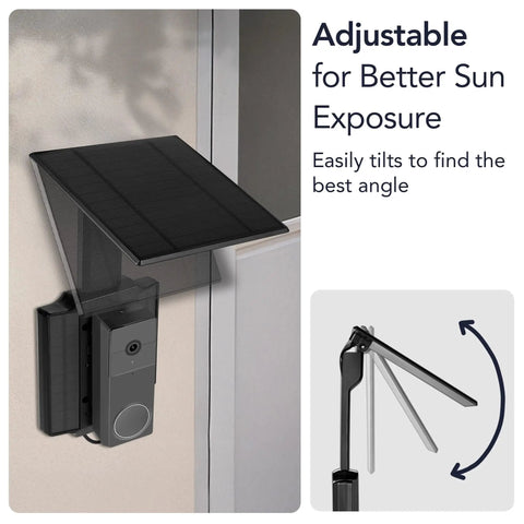 Doorbell Solar Charger With Built In Battery mounted outdoors, showing 120° adjustable solar panels for Arlo Wyze and Eufy wireless doorbells.