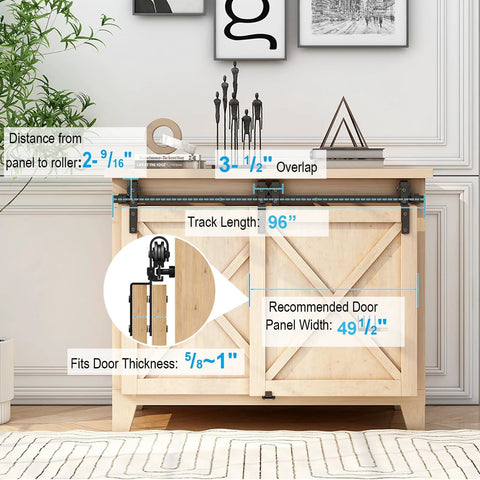 4 Foot Mini Bypass Barn Door Hardware Kit For Two Doors With Premium Carbon Steel Track Capable Of 110 Lbs For Cabinet TV Stand And Cupboard Applications Designed For 20 To 26 Mm Thick Doors And 27 Inch Wide With 3.54 Inch Clearance installed on wooden cabinet.