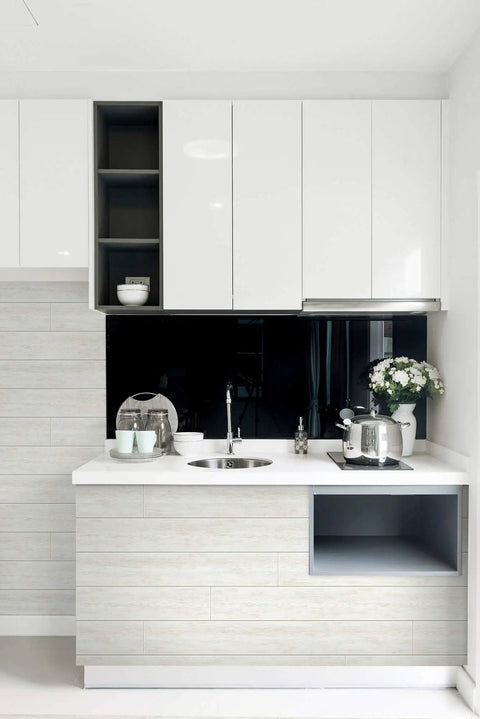 Modern kitchen with White Shiplap Peel and Stick Wallpaper Roll, DIY Friendly, Removable and Washable Vinyl backsplash installed.