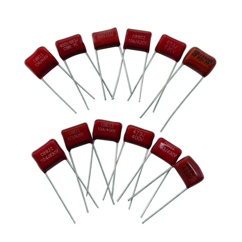 Top view of Must Have CBB22 Metallized Polypropylene Film Capacitor Kit, 400V And 630V, 25 Values, 250 Pieces, Red Inline 2 Pin