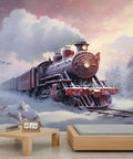 Steam Engine Train Wallpaper Mural For Living Room And Boys Room Removable Locomotive Wall Covering Retro Large Train Murals Christmas Theme Easy Install With Pre Cut Strips For Renters For Dope Home Decor depicting a snowy vintage locomotive scene