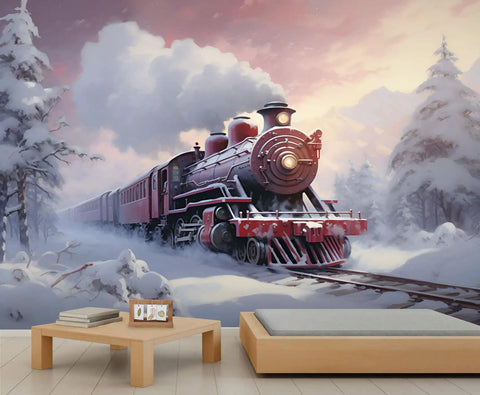 Steam Engine Train Wallpaper Mural For Living Room And Boys Room Removable Locomotive Wall Covering Retro Large Train Murals Christmas Theme Easy Install With Pre Cut Strips For Renters For Dope Home Decor depicting a snowy vintage locomotive scene