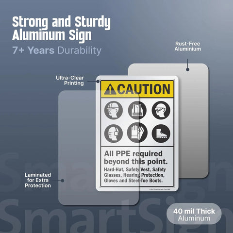Caution All PPE Required Beyond This Point Sign Made From Durable 40 Mil Aluminum, Weatherproof And Rust Free, 10x14 Inch Safety Sign With Four Corner Holes For Easy Mounting And Built To Last Industrial Warning